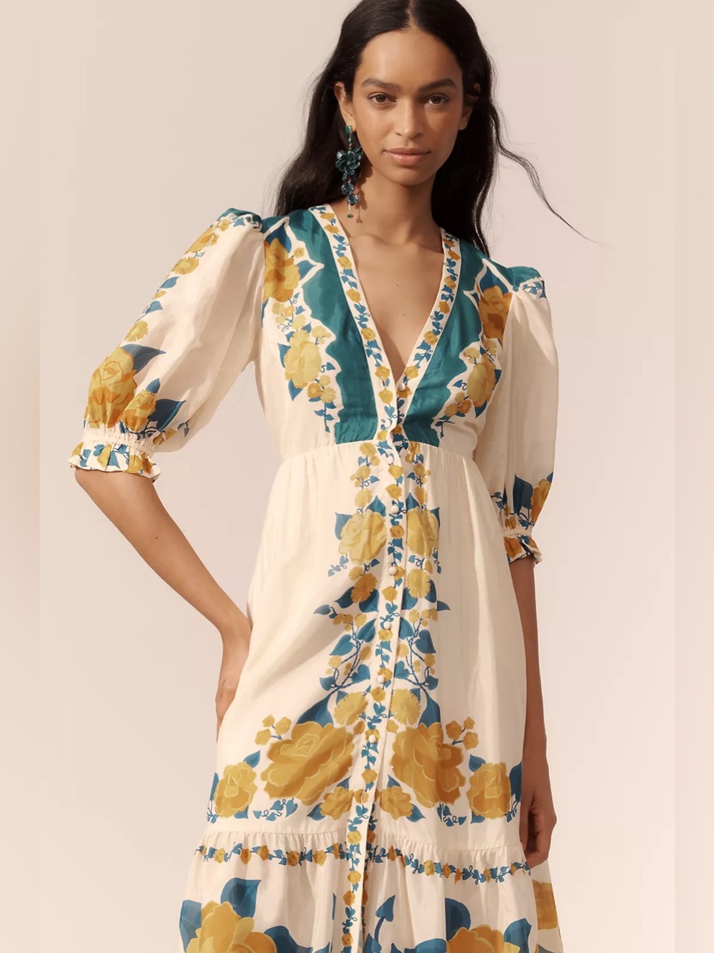 Anthropologie X Farm Rio Puff-Sleeve Printed Midi Dress - Picture 2 of 13